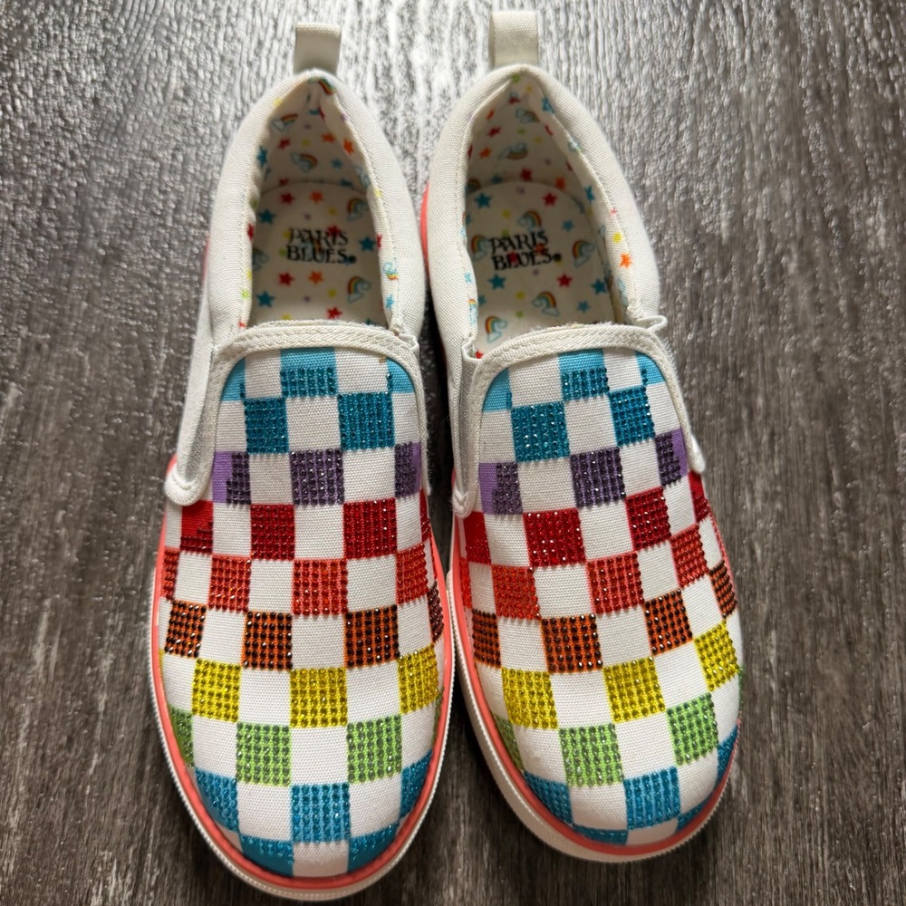 Paris Blues Slip On Sneakers Kids Size 2 Rainbow Checkered Rhinestone Low Top